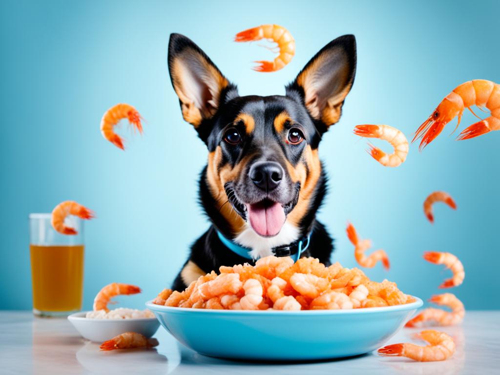 a dog whith a full plate of cooked shrimps